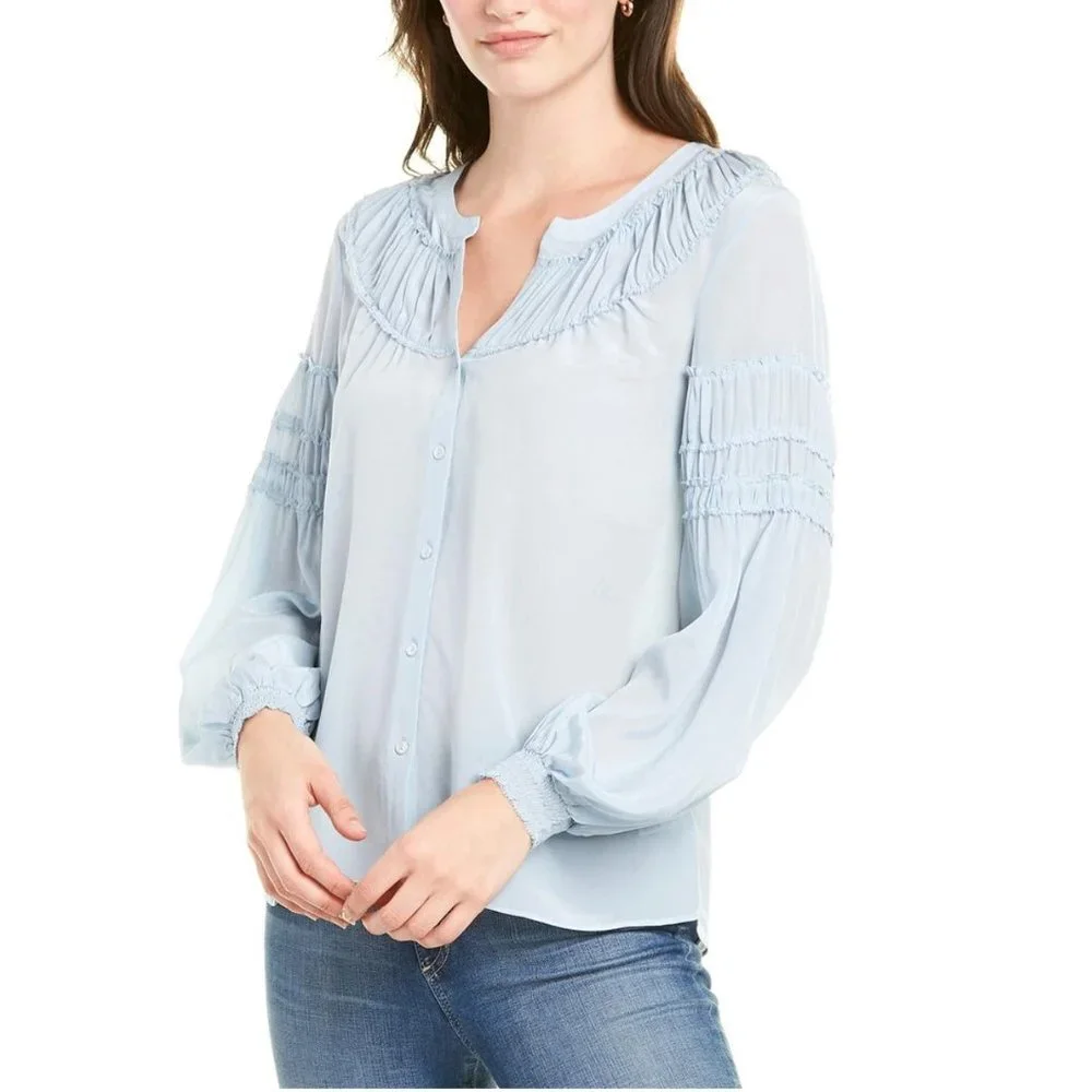 ECRU | The Bacall Silk Baby Blue Button Down Blouse  Sz S - Picture 3 of 9